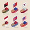 Isometric ships with flags: Papua New Guinea, Myanmar, South and North Korea, Indonesia, Malaysia
