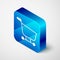 Isometric Shopping cart icon isolated on grey background. Food store, supermarket. Blue square button. Vector