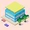 Isometric shopping center with supermarket, foods store and rooftop cafe