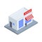 Isometric shopping store exterior with awning street board advertising minimalist 3d icon vector