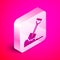 Isometric Shovel in the ground icon isolated on pink background. Gardening tool. Tool for horticulture, agriculture