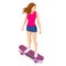 Isometric skateboard or longboard isolated on white. Girl skateboarding. Sporty woman riding on the skateboard on the