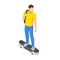 Isometric skateboard or longboard isolated on white. Man skateboarding. Sporty woman riding on the skateboard on the