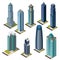 Isometric skyscraper city landmarks set. Isolated flat megapolis office buildings.