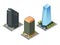 Isometric skyscrapers, roads, and trees. Set of buildings and modern apartments. Vector isolated  illustration, 3D