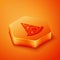 Isometric Slice of pizza icon isolated on orange background. Fast food menu. Orange hexagon button. Vector