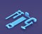 Isometric small clamp, handsaw and table measure on blue background, single color workshop tool, 3d rendering