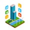 Isometric smart building with outline colors icons on smart phone.