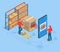 Isometric Smart warehouse management system. Concept of automatic logistics management. Packages are transported in high