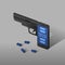 Isometric Smartphone gun weapon black color, Cyber crime in social network concept idea on grey gradient