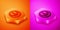 Isometric Smile face icon isolated on orange and pink background. Smiling emoticon. Happy smiley chat symbol. Hexagon