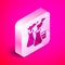 Isometric Smoke from factory icon isolated on pink background. Environmental pollution problem, smoke pipes of factory