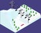 Isometric snowy winter, snowy mountain, green fir-trees,red snow
