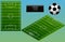 Isometric soccer playground, ball, and scoreboard. Soccer field top view. Isolated.