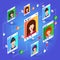 Isometric social network communication on blue background