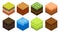 Isometric soil, land ground for game background. Sand and grass, desert and water texture, different cube pieces, cross