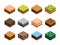 Isometric soil. Land nature surface. 3D ground cubes. Game sand desert. Stone pavement. Grass lawn. Isometry field parts