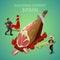 Isometric Spain National Cuisine with Jamon and Spanish People in Traditional Clothes