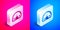 Isometric Speedometer icon isolated on pink and blue background. Silver square button. Vector