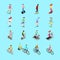 Isometric Sporting People Set. Running People, Cyclist on Bicycle, Woman Fitness, Woman on Skateboard