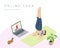 Isometric sporty young woman doing yoga practice. Fitness instructor taking online yoga classes over a video call in