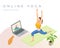 Isometric sporty young woman doing yoga practice. Fitness instructor taking online yoga classes over a video call in