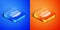 Isometric Stack of pancakes icon isolated on blue and orange background. Baking with syrup and cherry. Breakfast concept