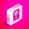 Isometric Stereo speaker icon isolated on pink background. Sound system speakers. Music icon. Musical column speaker