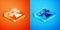 Isometric Stop delivery cargo truck vehicle icon isolated on orange and blue background. Vector