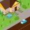 Isometric street scene, vector illustration. House with green lawn, street and car on road. Perspective view from above