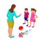 Isometric Strict mother scolds her children for a broken vase while playing football. Kids plead guilty. Misbehavior and