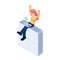 Isometric Successful Business Woman with Arms Up Sitting on Jigsaw Puzzles