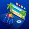 Isometric Summer Vacation concept. Online ticket booking. Internet e-commerce, travel and technology. People traveling