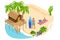 Isometric Summer Vacation concept. Summer time. Luxury overwater thatched roof bungalow in a honeymoon vacation resort