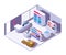 Isometric supermarket interior. 3d grocery store with food products