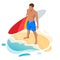 Isometric surfer male. Surfing on Summer Vacation. Beautiful young man at the beach, Water sports, Healthy Active