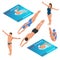 Isometric swimming pool, swimmers human characters vector illustration.