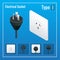 Isometric Switches and sockets set. Type I. AC power sockets realistic illustration