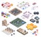 Isometric table gaming, 3d recreation board games. Cards poker, mahjong, bingo and monopoly games vector illustration set. Board