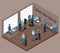 Isometric tailor, work with a client in a sewing workshop, fitting clothes, sewing fashionable clothes, many tailors. The