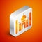 Isometric Taj Mahal mausoleum in Agra, Indiaicon isolated on orange background. Silver square button. Vector