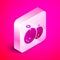 Isometric Tangerine icon isolated on pink background. Merry Christmas and Happy New Year. Silver square button. Vector