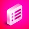 Isometric Task list icon isolated on pink background. Control list symbol. Survey poll or questionnaire feedback form