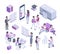 Isometric teacher, students characters, library and study room. College studying, education and communication vector symbols