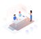 Isometric teamwork design concept with people discussing plans a