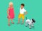 Isometric Techno Robot concept. A girl and a boy on a walk with a robot dog.