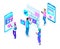 Isometric teenagers, use gadgets, phones, generation Z, colorful concept of social networking correspondence, a set of holographic