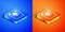 Isometric Thief surrendering hands up icon isolated on blue and orange background. Man surrendering with both hands