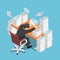 Isometric tired businessman asleep at office desk with the pile