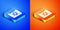 Isometric Torah scroll icon isolated on blue and orange background. Jewish Torah in expanded form. Star of David symbol